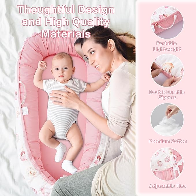 Baby Lounger - Infant Lounger for Newborn 0-24 Months, Breathable & Soft Baby Lounger Cover, Portable Infant Lounger for Home and Travel, Babies Essentials Gifts - Pink