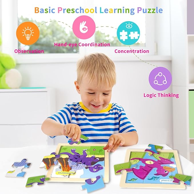 Wooden Puzzles for Toddlers 2-4, 9 Pieces Dinosaur Jigsaw Puzzles for Kids Ages 3-5, Preschool Learning Activities, Learning & Educational Toys, Gifts for Boys, Girls
