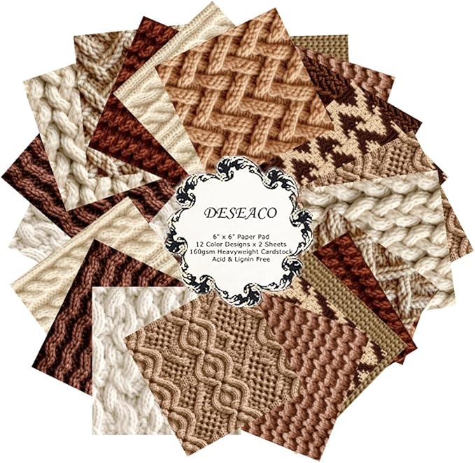 24 Sheets Knitting Wool Decorative Scrapbooking Paper Pad 6x6 Craft Paper Single-Side Card Making Supplies for Junk Journal, Holiday Journaling, Brown, Earth Tone and White