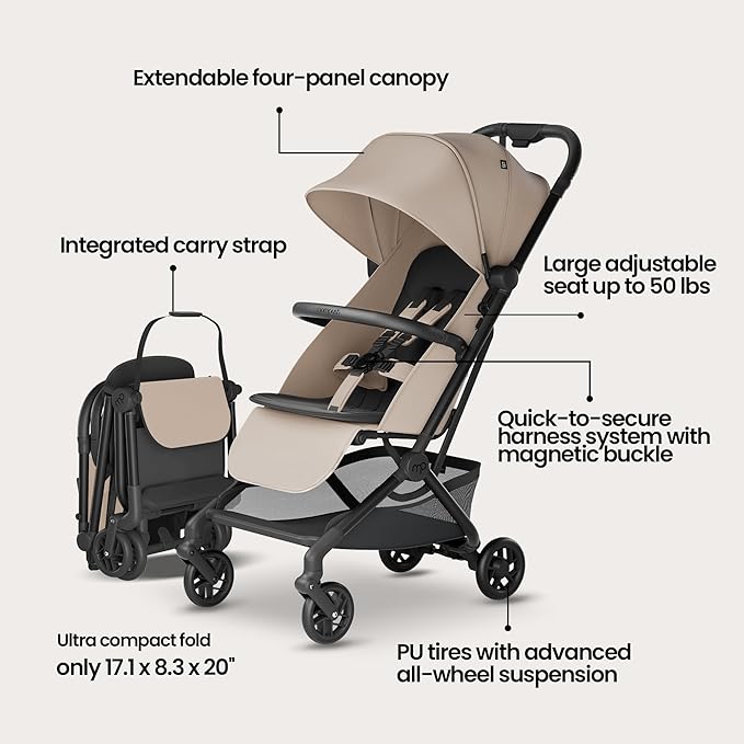 Mompush Velo Lightweight Travel Stroller – One-Hand Fold, Ultra-Compact & Airplane Friendly, Lie-Flat Recline Seat (from Birth to 50 lbs), Includes Cup Holder, Shoulder Strap, and Leather Bumper Bar