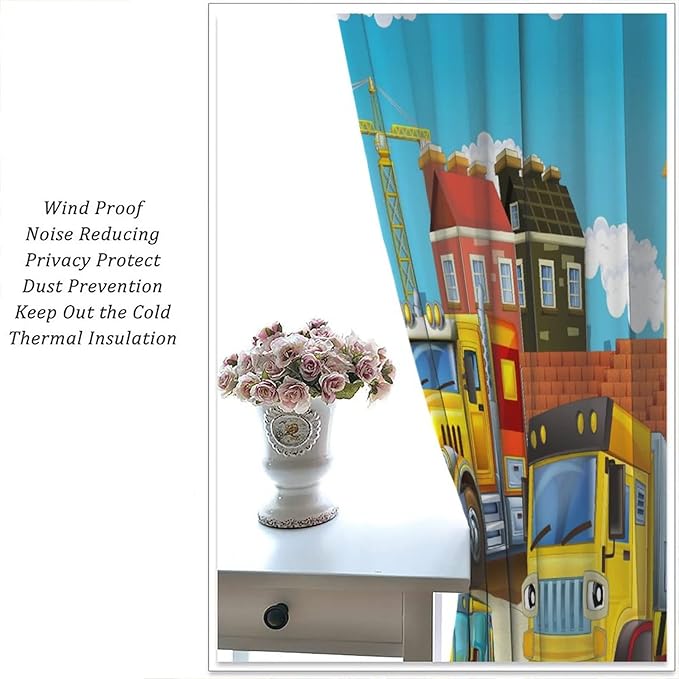 Kids Cartoon Construction Window Curtains, Funny Construction Site Cars and Helicopter Rod Pocket Decorative Windows Curtain for Children Teens Room Decor 84x84in (30% Blackout)