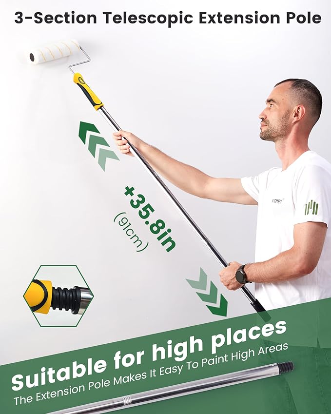 VOOMEY Paint Roller Kit with Extension Pole - 9 Inch Paint Roller with Tray, Mini Paint Roller 4 inch, Small Paint Brush, 16 Piece Complete Painting Tool Set Suitable for House & Wall Painting