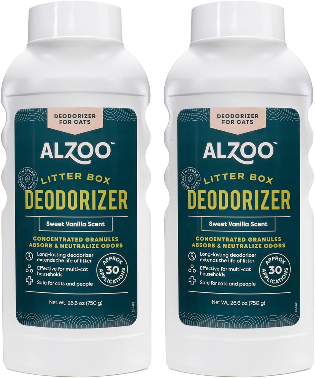 ALZOO Cat Litter Deodorizer, Concentrated Granules Absorb & Help Neutralize Odors, 100% Plant-Based Active Ingredients, Up to 30 Uses, Sweet Vanilla Scent, 26.6 Oz., Pack of 2