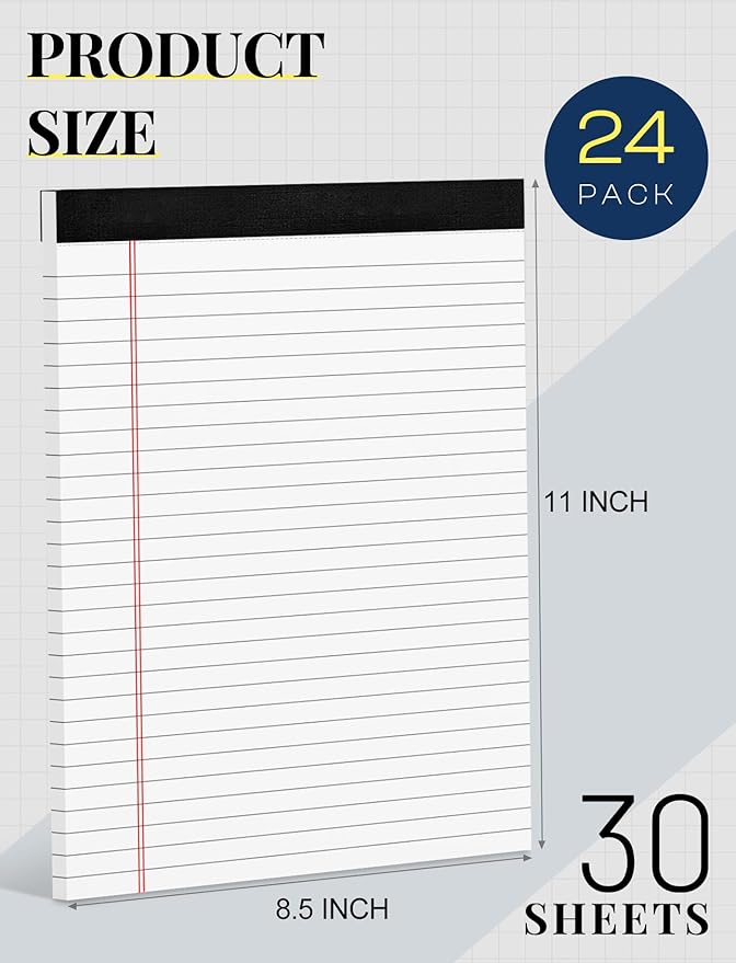 24 Pack Legal Pads 8.5 x 11 White Note Pads 8.5 x 11 Notepads 8.5 x 11 Wide Ruled White Writing Pads of Paper 8.5 x 11 Legal Notepads 8.5 x 11 White Lined Paper Pads 30 Sheets Per Legal Note Pads