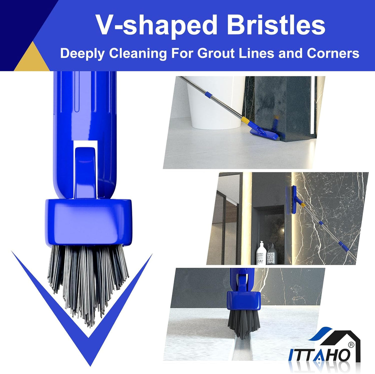 ITTAHO 12" Wide Floor Scrub and Grout Brush Set With Long Extendable Handle - Stiff Bristle Heavy Duty Cleaner for Tile, Deck, Garage, Kitchen, Bathroom