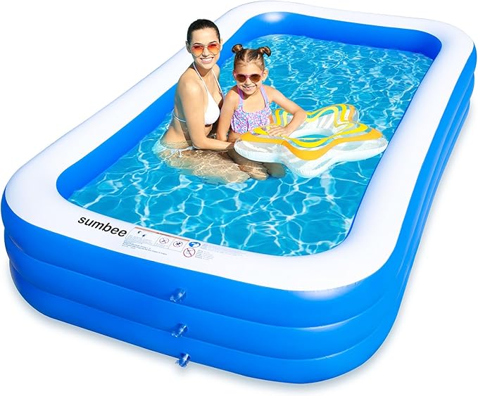 Sumbee Inflatable Swimming Pool for Kiddie Adults Kids, 120" X 72" X 22" Large Blow Up Pool for Family Backyard Outdoor Toddler,Big Rectangle Pools for Children Ages 4-8-12,Full-Sized,Blue