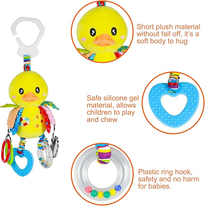 Baby Stroller Car Seat Toys for Infant with Teether Hanging Rattle, Clip on Stroller, Soft Plush Baby Toys for Boys and Girls 3-12 Months