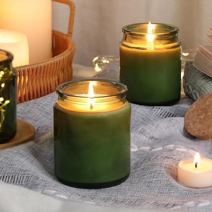 12Pcs Green Candle Jars for Making Candles, 7.5oz Glass Jars with Wooden Lids and Labels, Candle Containers for DIY, Gifts, Candles Making Supplies, Table Decor