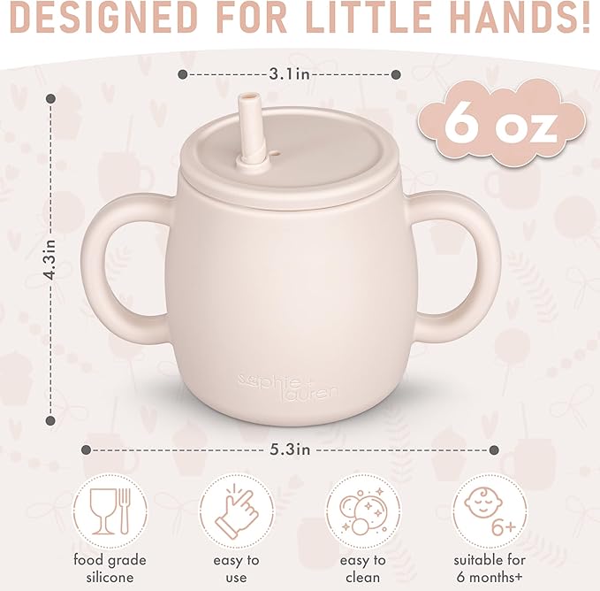 4-in-1 Silicone Sippy Cup with Snack and Straw Lid 6oz | Transition Training Cup for 6+ months to Toddler (Beige)