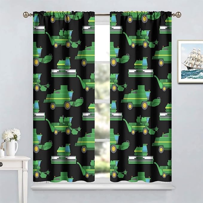 Kids Agriculture Machine Window Curtains, Farm Equipment Tractors Transport Combines Rod Pocket Decorative Windows Curtain for Boys Children Teens Room Decor 42x45in (30% Blackout)