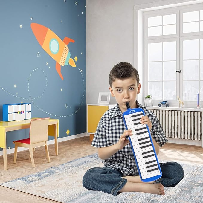 EastRock 32 Key Melodica Instrument Keyboard Soprano Piano Style with Mouthpiece Tube Sets and Carrying Bag for Beginners Adults Gift Blue