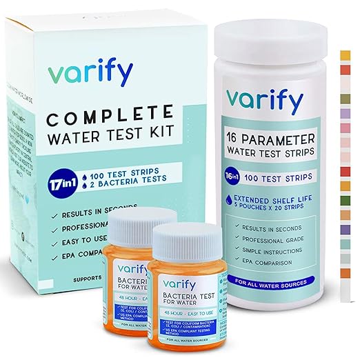 Varify 17in1 Complete Drinking Water Test Kit - 100 Strips + 2 Bacteria Tester Kits - Well, Tap, Home, City Water Testing Strip for Lead, Alkaline, Chlorine, Hardness, Iron, Fluoride, Copper & More