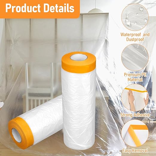 uyoyous 6 Rolls 9x67 ft Painters Plastic with Tape, Pre-Taped Masking Film, Tape and Drape, Paint Adhesive Protective Film Roll for Automotive Painting Covering, Cars, Auto Body, DIY Projects