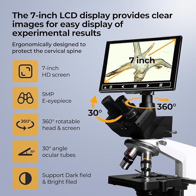 [Darkfield Blood Model] Lab Darkfield & Brightfield Vabiooth Trinocular Compound Microscope 40X-2500X Magnification with 7" Monitor 5MP E-Eyepiece, Adjustable Mechanical Stage, LED Illumination