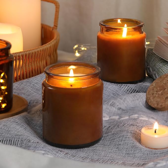 12Pcs Amber Candle Jars for Making Candles, 7.5oz Glass Jars with Wooden Lids and Labels, Candle Containers for DIY, Gifts, Candle Making Supplies, Table Decor