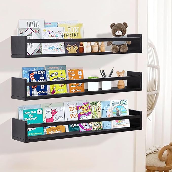 AZSKY Black Nursery Bookshelves for Wall Hanging Kids Bookshelf Baby Book Shelf Organizer Wall Bookshelves Kids Shelves and Storage for Wall Playroom Shelves 36 Inch a Set of 3 Same Sizes