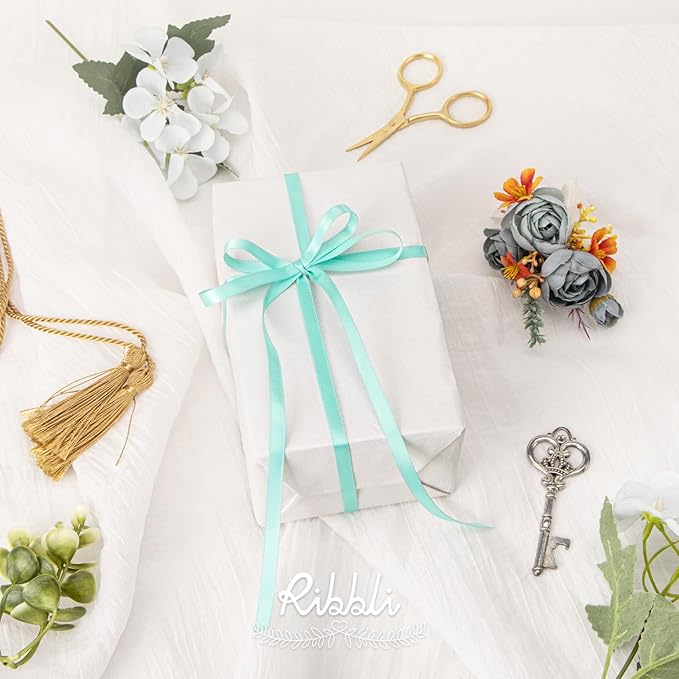 Ribbli Aqua Blue Satin Ribbon,Double Faced Satin 1/4 inch x Continuous 50 Yards,Aqua Blue Ribbon Use for Bows Bouquet,Gift Wrapping,Wedding Decoration,Floral Arrangement