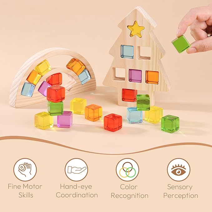 Wooden Building Blocks Set for Kids, Rainbow & Tree Shaped Wood Frame - 24 PCS Rainbow Gem Cubes Stacking Blocks, Montessori Stacking Toy for Toddlers, Early Learning Gifts for Boys Girls 3-6