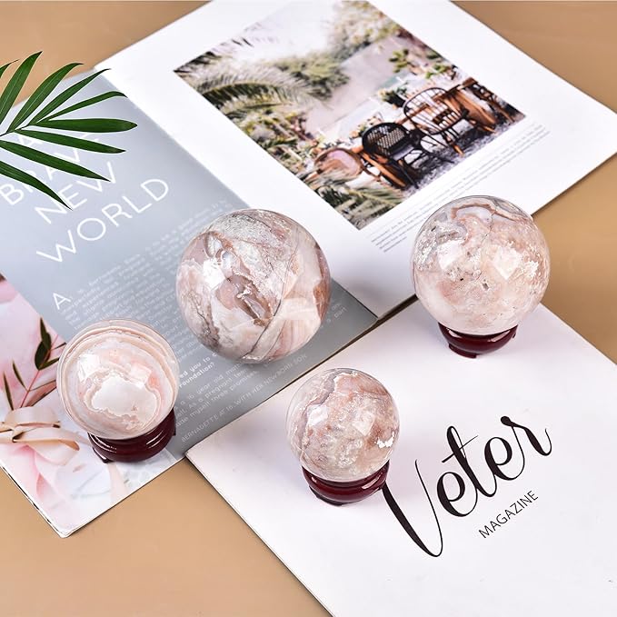 JIC Gem Natural Pink Agate Crystal Sphere with Wooden Stand,Decorative Crystal Ball Pink Gemstone Sphere for Meditation,Feng Shui,Witch-Style Decor,Table 70-80mm