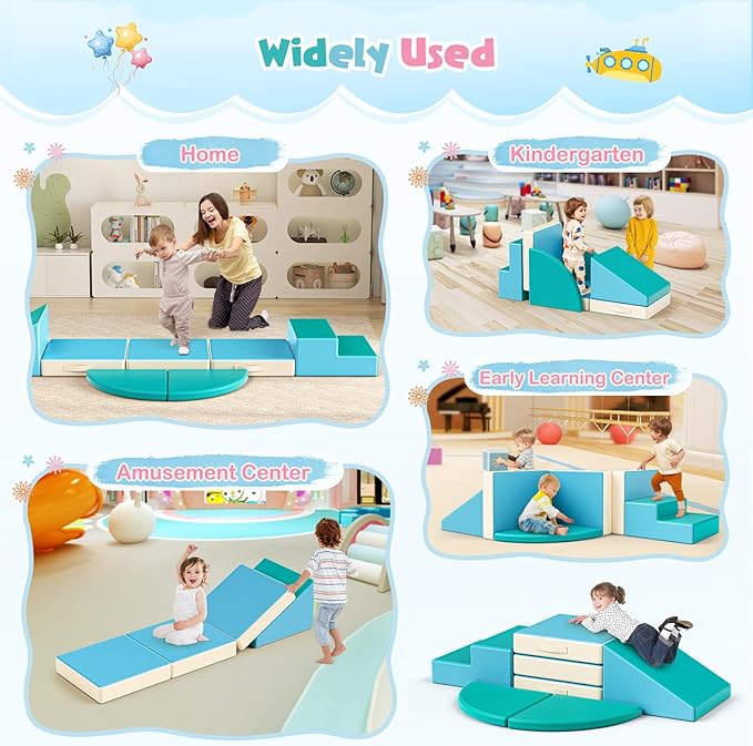 Lischwert Foam Climbing Blocks for Toddlers 1-3, 5pcs Foldable Soft Play Set with Crawling Exploration Toys - Indoor Infant Safe Blocks for Baby Gym & Toddler Playground - Blue