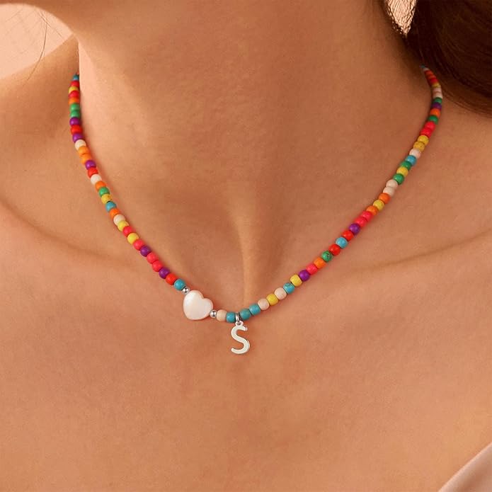 Ursteel Colorful Initial Cute Necklaces for Girls - Trendy Beaded Choker Necklace for Women Teen Girl, Personalized Letter Initial Gifts for Women Kids Jewelry