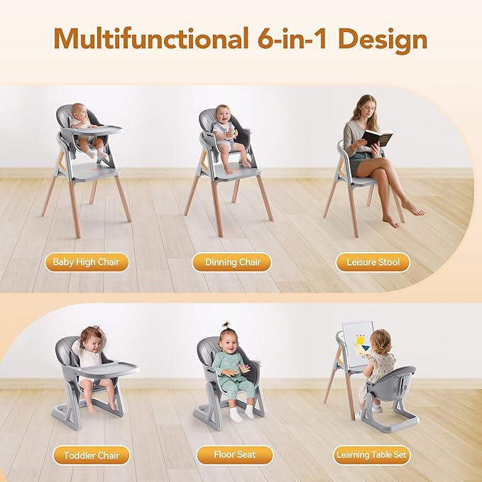 CoziBB Baby High Chair, 6 in 1 Convertible Growing Baby Highchairs for Babies and Toddlers, Baby Chair with Adjustable Dining Tray and Seat, 5-Point Safety Belt, Grey