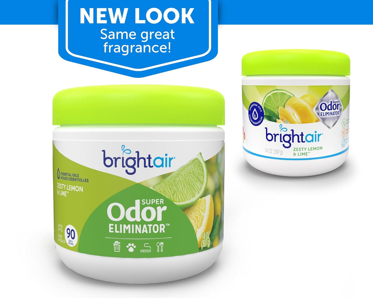 Bright Air 14 oz. Super Odor Eliminator, For Medium-Size Spaces, Zesty Lemon & Lime Scent, Case of 6, Air Freshener, Natural Essential Oils, Lasts Up to 90 Days Each