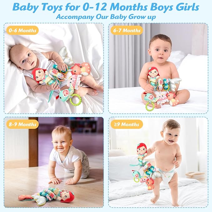 Carseat Toys Hanging Car Seat Toys for Babies 0-6 Months Boy Girl, Mermaid Stroller Toy Newborn Infant Sensory Baby Toy 0-6 Months with Music Rattle Teether, Gift for 0 3 6 9 12 Months