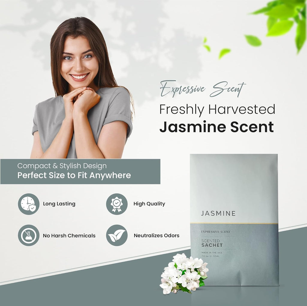 Expressive Scented Sachet Pouches – Perfect Jasmine Air Freshener & Closet Deodorizer for Drawers, Closets, Cars and Bathrooms – Long-Lasting Fresh Scent Sachets (6- Pack)