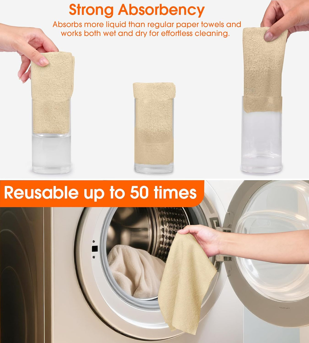 Roll of Microfiber Cleaning Cloth –100 Pack, Tear Away Microfiber Towels, Reusable, Washable, Scratch-Free, Kitchen Towels for Car, Home, Kitchen, Glass, Dishes(Wheat Beige)