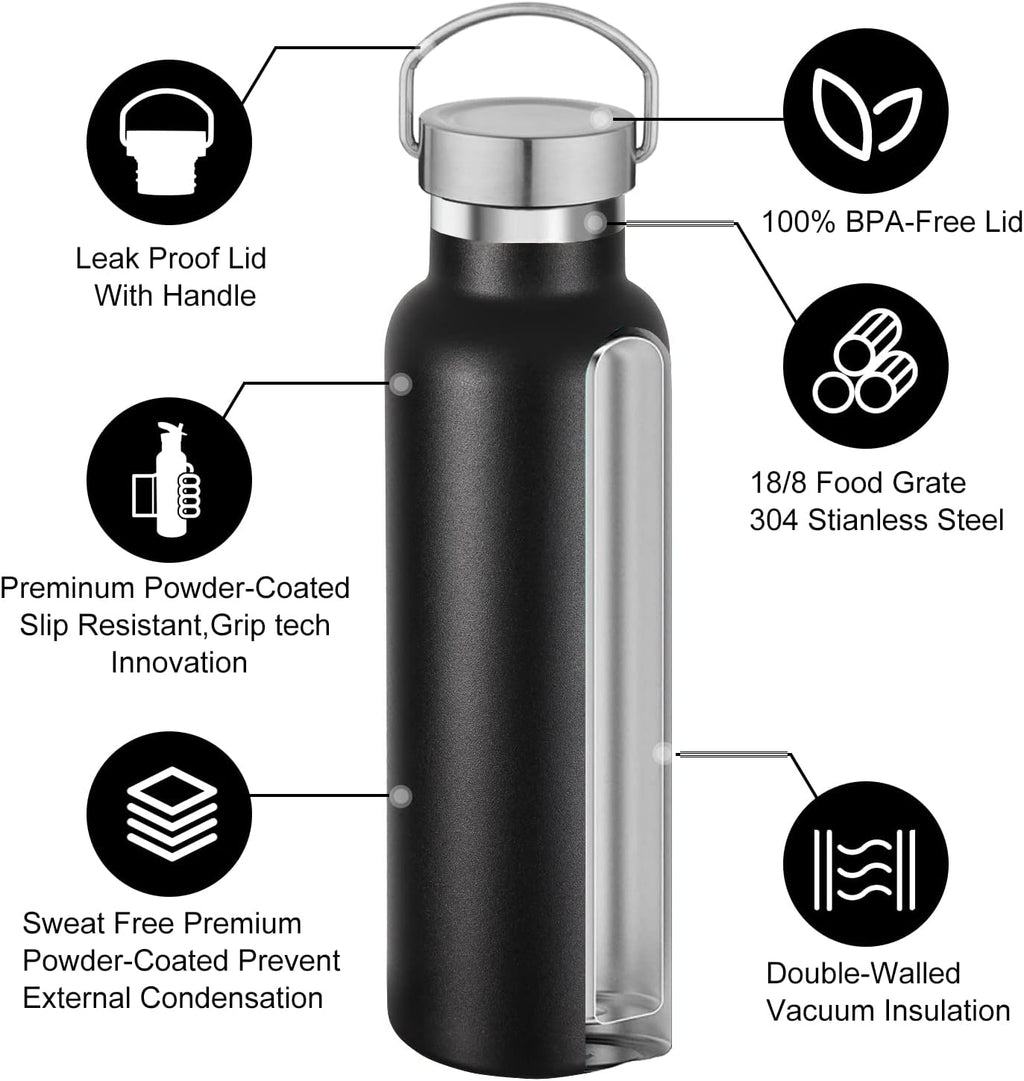 Neihepal 20 oz Insulated Water Bottles Bulk 4 Pack,Stainless Steel Double Wall Sport Bottle with Lid of Handle,Metal Reusable Thermoses Flask with Cup Cap for School,Hikers,Gift (Black,Set of 4)