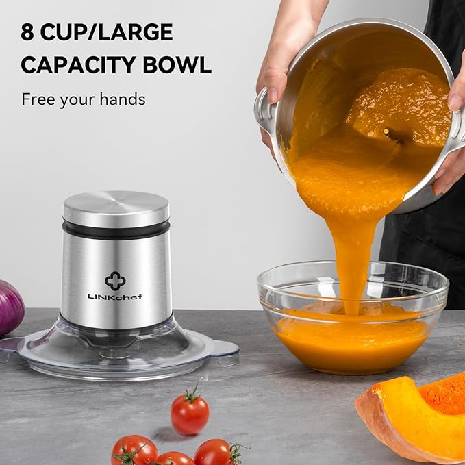 LINKChef Food Chopper, 8 Cup Food Processor Mini Electric, 2L 600W Meat Grinder with 4 Bi-Level Blades, Stainless Steel Mincer for Kitchen, Vegetable, Onion, Garlic, Salad, Baby Food, Fruit, Nuts