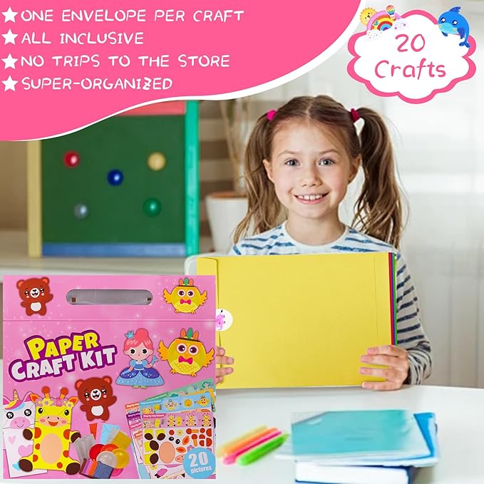 DINSUMRUG 20 Animal Arts & Crafts Kit for Kids 4-6, All-Inclusive Toddler Craft Box with Paper Plates, Puppets, Fun Activities, Tigers, Lions (134 Characters) (Princess)