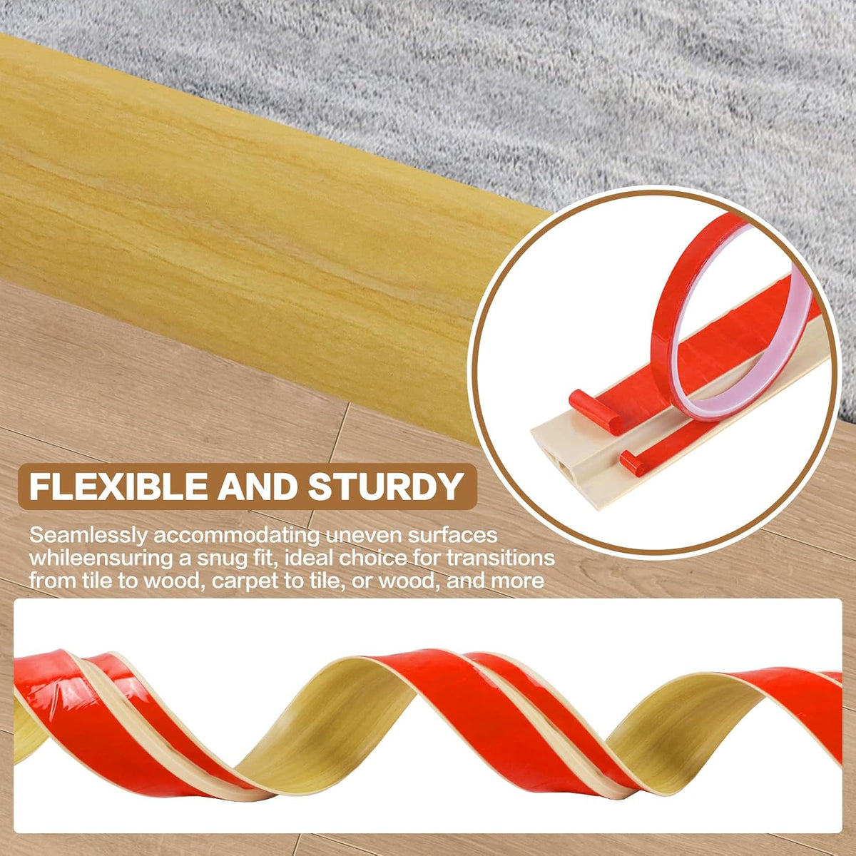 Floor Transition Strip Vinyl Door Threshold Ramp Self Adhesive Carpet Edging Strip Doorway Edge Trim, Overlap Edge Reducer for Laminate Carpet, Floor, Tile (Raw Wood Grain, 2/5" to 3/5", 3.3Ft)