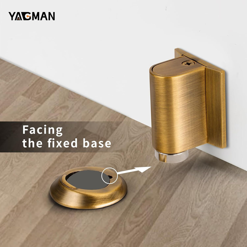 1 Pack Magnetic Door Stoppers Retractable Bottom of Door Holder No Drilling Mount Floor Door Stop with Screws and Adhesive Catch Door Keep Door Open Antique Brass AB-1