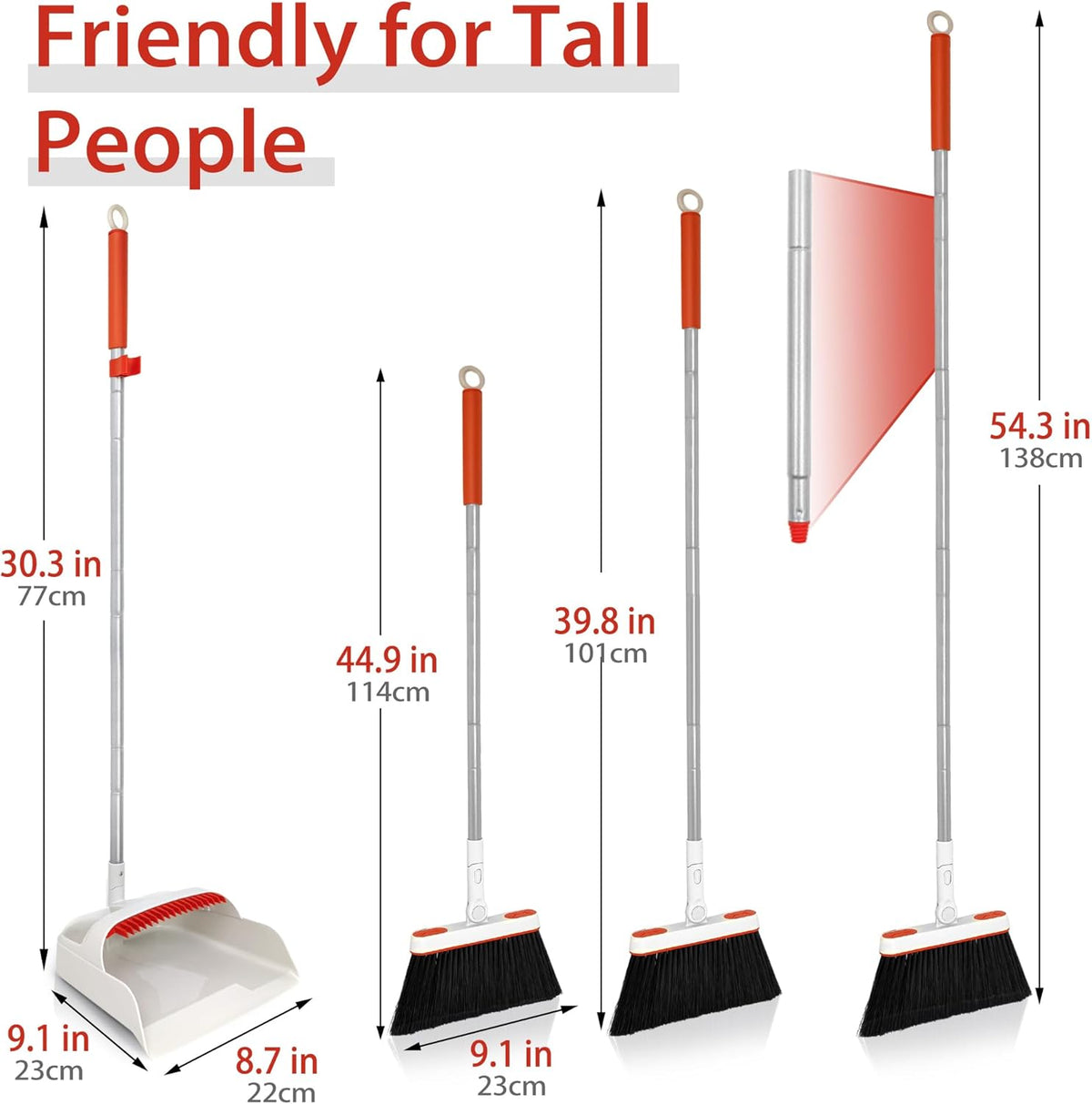 JEHONN Broom and Dustpan Set for Home, Long Handle Lightweight 180 Degree Rotating Broom Set Indoor, Upright Standing Dust Pan with Comb Teeth, Store Sweep Set for Room Kitchen Office (Grey & Red)