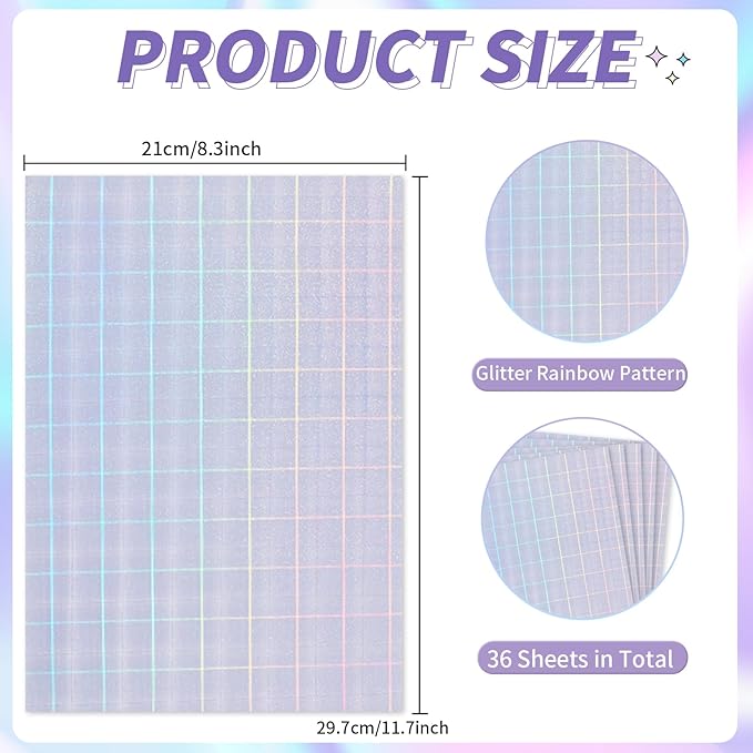 36 Sheets Holographic Sticker Paper,Holographic Laminate Sheets,A4 Size Clear Vinyl Sticker Sheets Self-Adhesive Rainbow Overlay Sheets,11.7 x 8.3 Inches（Grid）