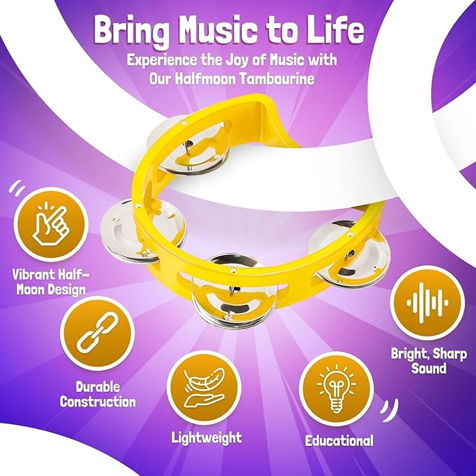 Flexzion Half Moon Musical Tambourine Set of 4, Red Yellow Blue Green, Double Row Metal Jingles Hand Held Percussion Drum with Ergonomic Handle Grip