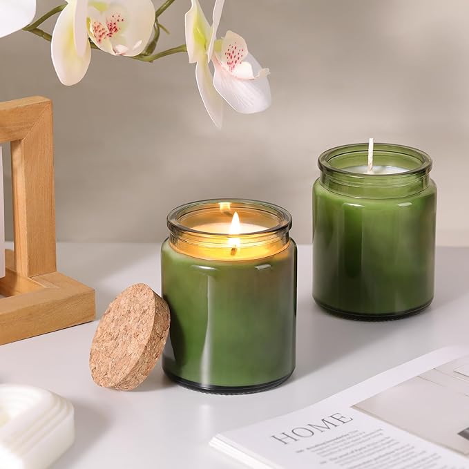 12Pcs Green Candle Jars for Making Candles, 7.5oz Glass Jars with Wooden Lids and Labels, Candle Containers for DIY, Gifts, Candles Making Supplies, Table Decor