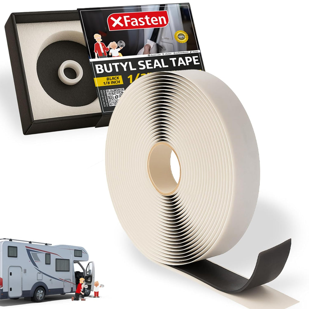 XFasten Butyl Tape Black, 1/2 in x 30 ft x 1/8 in – Easy-to-Work-with Automotive Butyl Sealant Tape, Mess-Free Rubber Caulk for RV, EPDM Putty for Window, Headlight, Roof, Windshield, and Car Doors