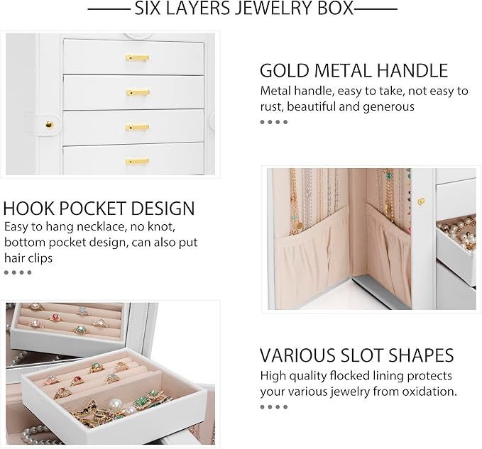 AKOZLIN Functional 6-Tier Jewelry Box Organizer with 5 Drawers Leather Jewelry Storage Case for Women Girls Ring Necklace Earring Bracelet Holder Organizer with Mirror White