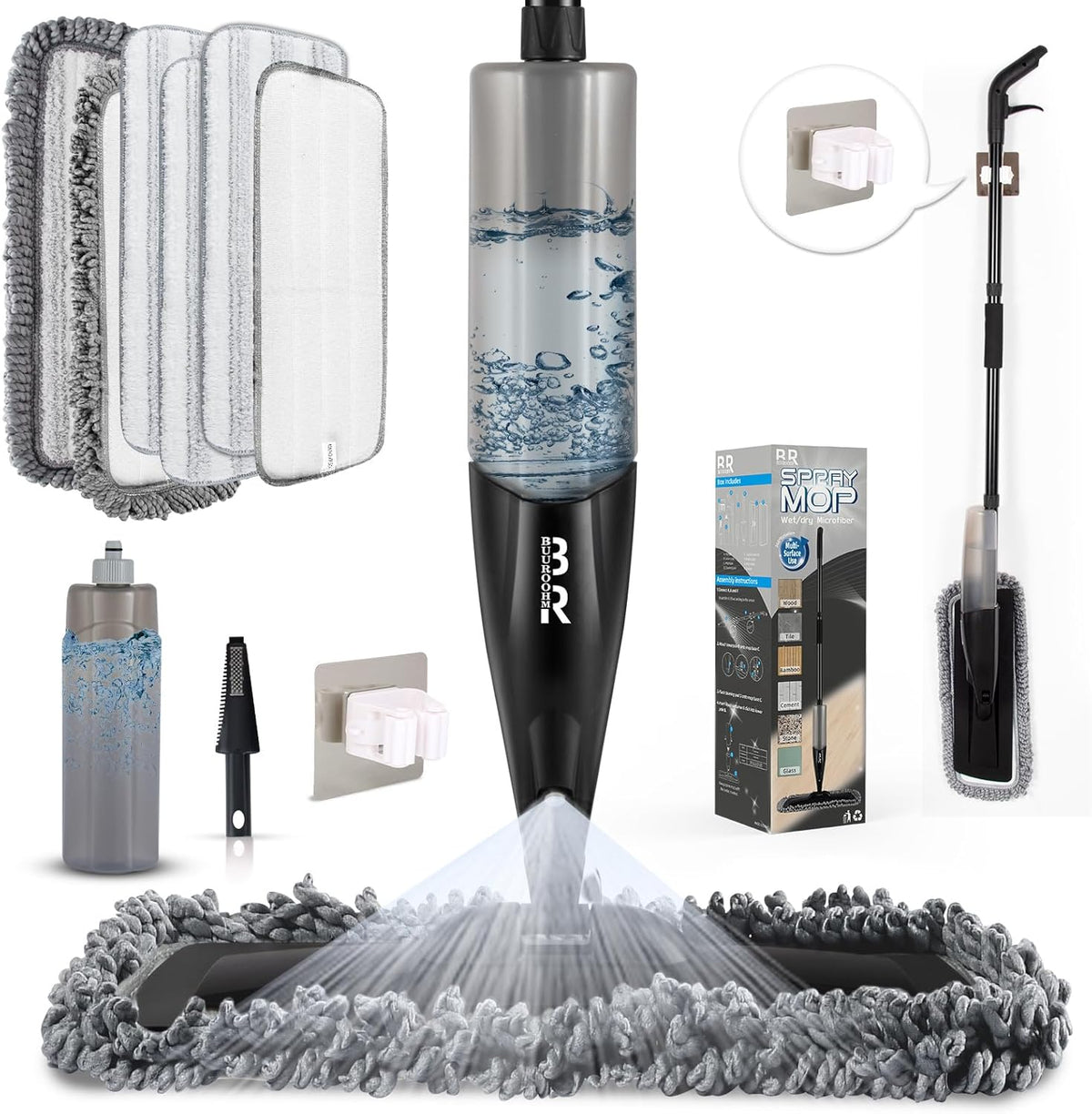 Microfiber Spray Mop for Floors Dry and Wet Mop with Dusting 360 Rotation for Kitchen, Hardwood, Laminate, Tile Floors Includes 6 Refill Heads, Scraper, Holder & Spray Bottle