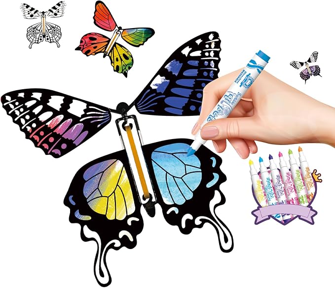 SANYIYIBA 24 Pack Flying Butterfly Craft Kit with 12 Wind Up Butterflies and 12 Color Pens DIY Toys for Kids' Parties School Activities and Parent-Child Fun