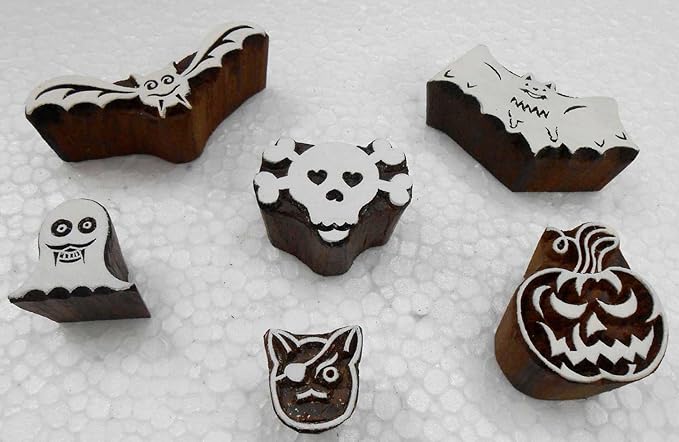 Handcarved Wooden Block Printing Stamps (Set of 6) for Textile Designing/ Craft printing pattern for Saree/ Scrapbookng/ Tattoo/ Halloween Designs