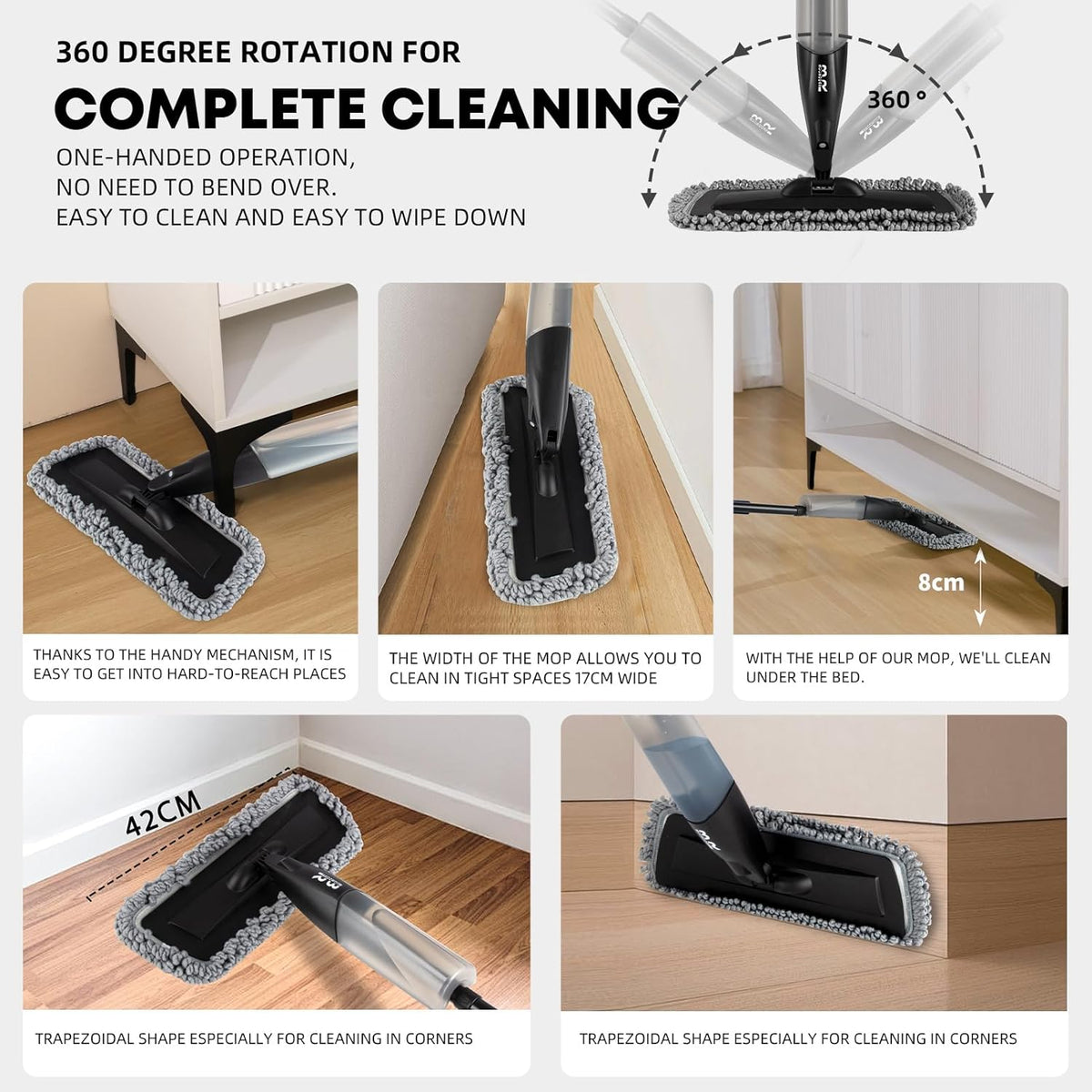 Microfiber Spray Mop for Floors Dry and Wet Mop with Dusting 360 Rotation for Kitchen, Hardwood, Laminate, Tile Floors Includes 6 Refill Heads, Scraper, Holder & Spray Bottle