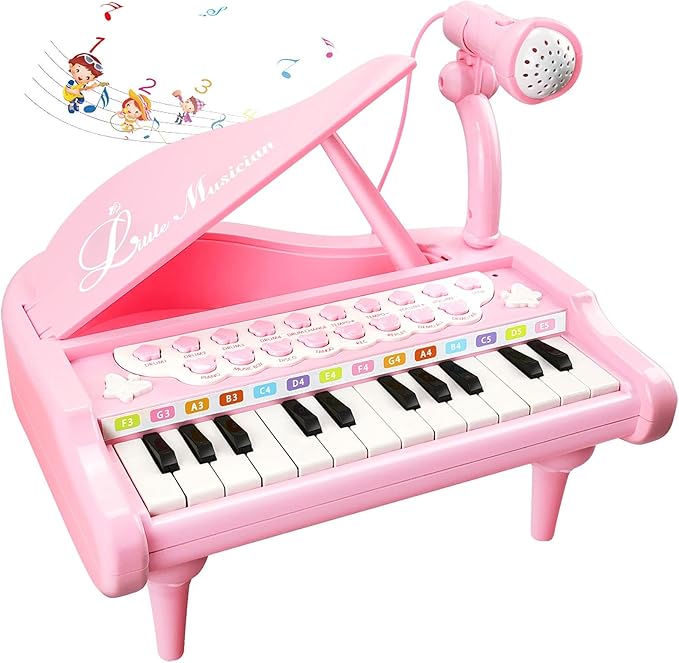 Love&Mini Pink Piano Toys for 1+Years Old Girls First Birthday Gifts Toddler Piano Music Toy Instruments with 24 Keys and Microphone