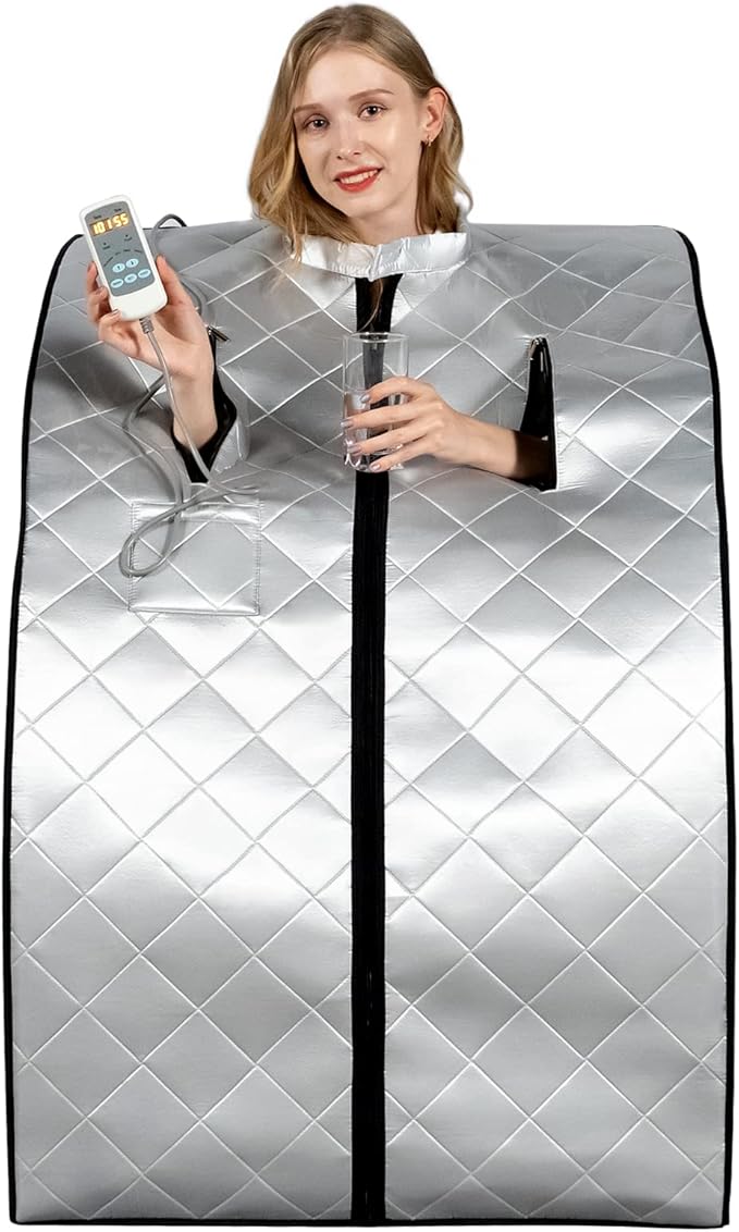 Smartmak Far Infrared Sauna, Full Body One Person SPA Set with Portable Time & Tempreture Remote Control, Heating Foot Pad and Foldable Reinforced Chair(L 27.6’’ x W 31.5’’ x H 37.8’’) - Black Border