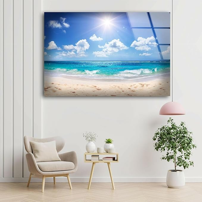 My Photostation.com 20Wx14H'' Summer Beach Landscape Glass Wall ArtTempered Glass Printing Wall Decor Large Wall Art Wall Hangings