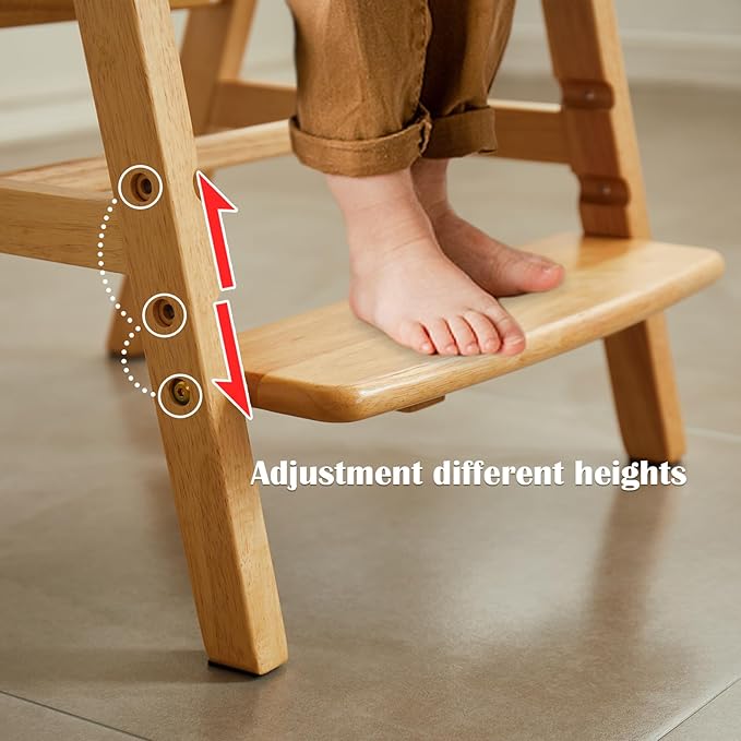 Solid Wood high Chairs for Toddlers,High Chair Grows with Kid for Dining, Study Chair for Children, Light Brown