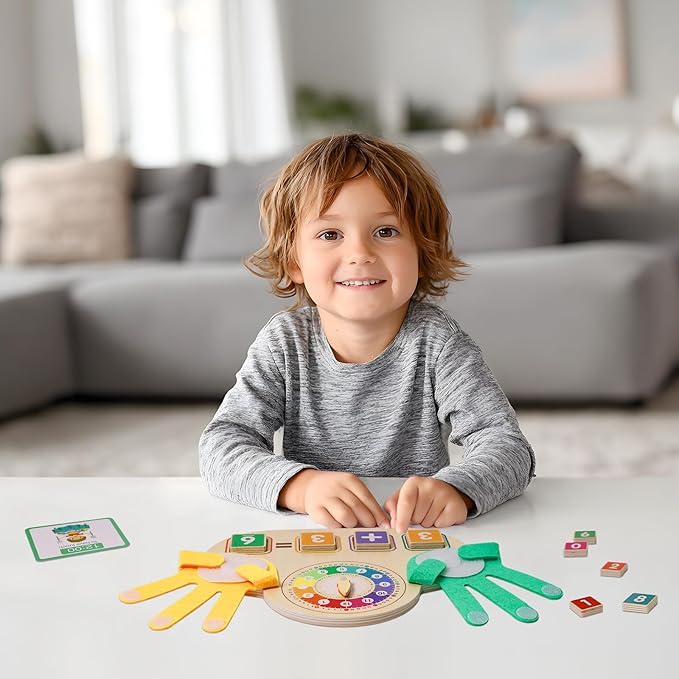 Montessori Learning Toys for Toddlers 3 4 5 years, Finger Counting Number Blocks and Clock Wooden Toys for Kids, Educational Math manipulatives Toys, Preschool Wood Homeschool Educational Math Toy.